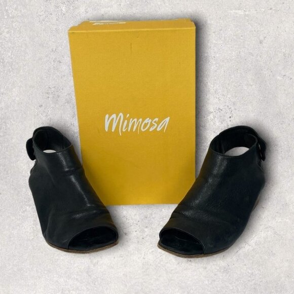 Mimosa Black Leather Peep Toe Ankle Boots Ankle Cut Out Booties Strap Block Heel - Picture 11 of 15